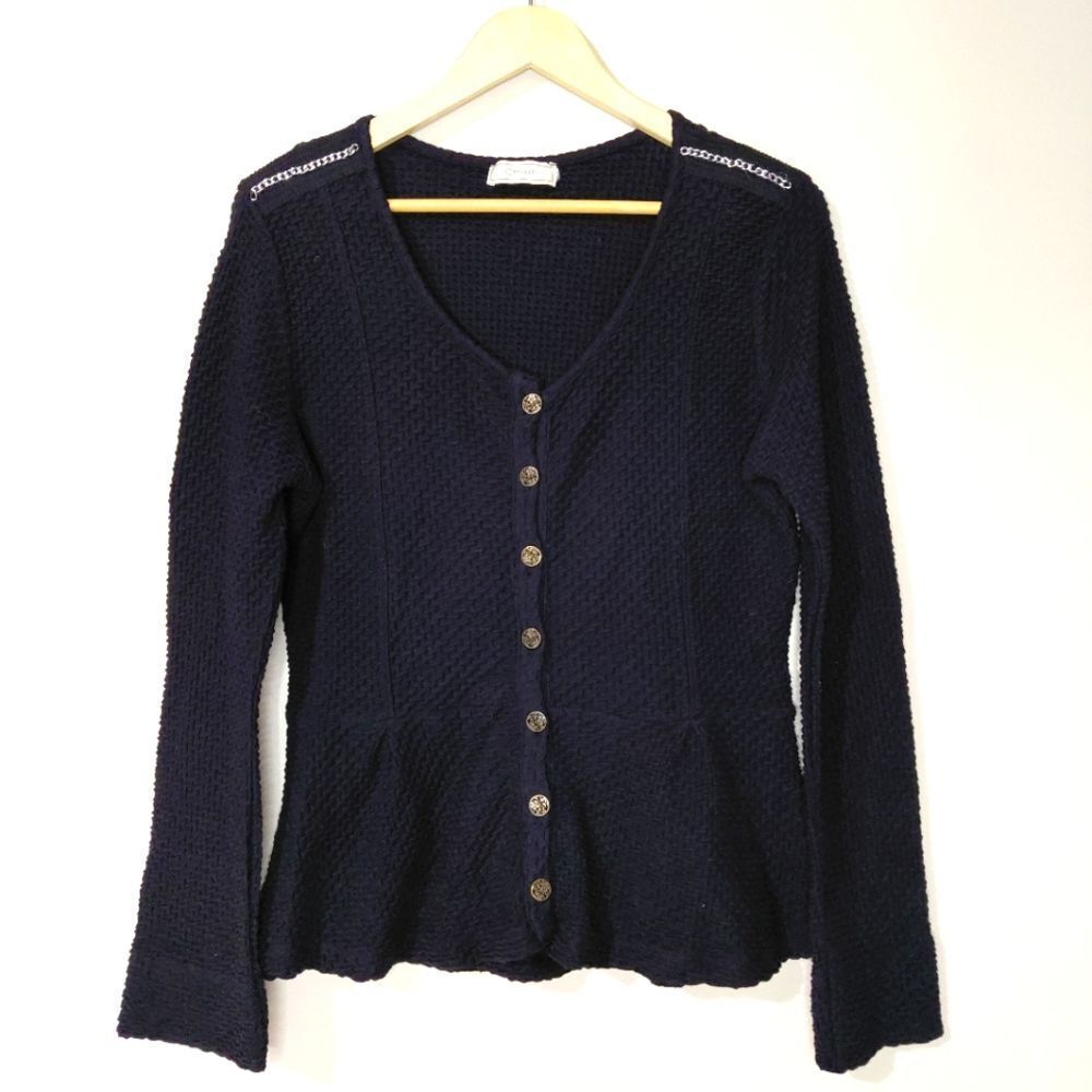 Cream Brand Black Medium Long Sleeve Waffle Textured Peplam Cardigan Sweater
